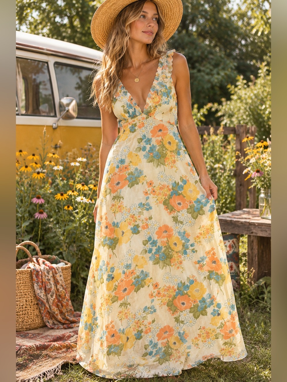 Vintage Courage my Love Retro Floral Maxi Dress Boho 70s Prairie Hippie